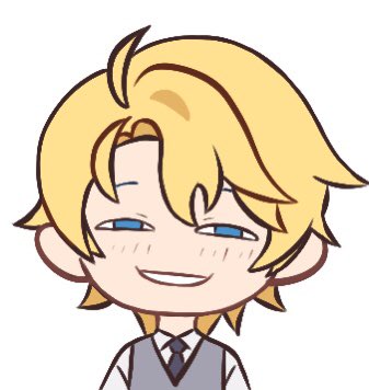 1boy :d anya&#039;s_heh_face_(meme) black_necktie blonde_hair blue_eyes davis_(tears_of_themis) grey_vest grin hair_intakes half-closed_eyes looking_at_viewer lowres meme micsthemd necktie open_mouth shirt short_hair simple_background smile solo tears_of_themis teeth vest white_background white_shirt