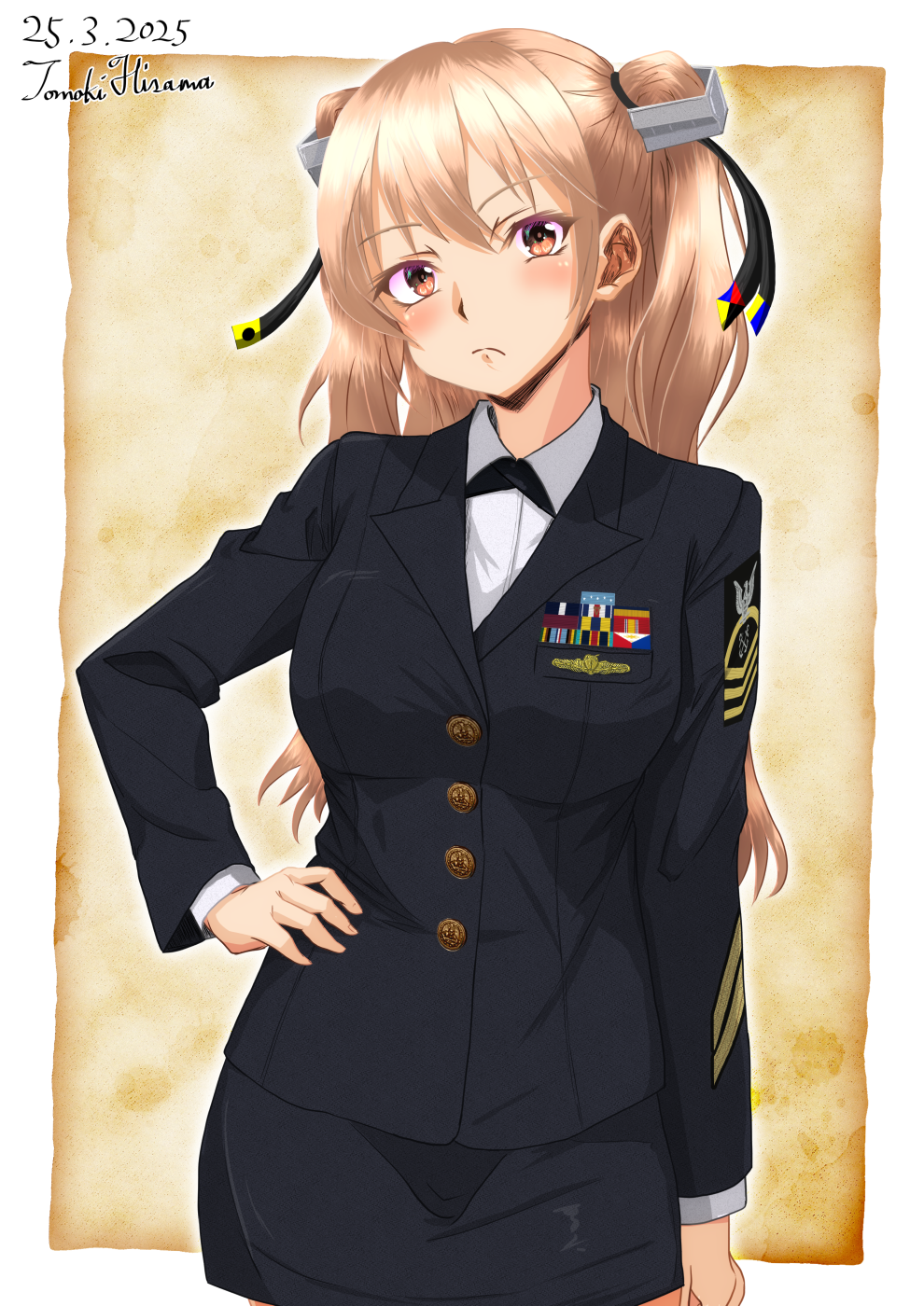 1girl alternate_costume artist_name black_jacket black_necktie black_ribbon black_skirt brown_eyes brown_hair collared_shirt commentary_request hair_ornament hair_ribbon hand_on_own_hip highres hisamatomoki jacket johnston_(kancolle) kantai_collection long_sleeves looking_at_viewer military_dress_uniform military_rank_insignia military_uniform naval_dress_uniform naval_uniform necktie one-hour_drawing_challenge ribbon ribbon_bar shirt signal_flag skirt solo two_side_up united_states_medal_of_honor white_shirt