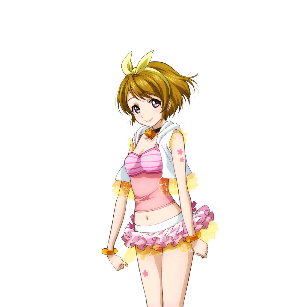 1girl anime_coloring bikini black_choker blush bow_hairband breasts brown_hair choker cleavage clenched_hands closed_mouth collarbone cowboy_shot flower_tattoo frilled_sleeves frills hairband jacket koizumi_hanayo layered_bikini leg_tattoo looking_at_viewer love_live! love_live!_school_idol_festival love_live!_school_idol_project medium_breasts natsuiro_egao_de_1_2_jump! navel official_art open_clothes open_jacket pink_frills pink_swim_trunks purple_eyes see-through_clothes short_hair smile solo swimsuit tattoo transparent_background white_jacket wristband yellow_hairband yellow_nails