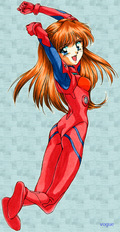 1990s_(style) :d ass blue_eyes bodysuit brown_hair full_body hair_ornament jumping long_hair looking_at_viewer looking_back marker_(medium) mecha_pilot_suit midair neon_genesis_evangelion open_mouth orange_hair plugsuit_(evangelion) red_bodysuit retro_artstyle smile souryuu_asuka_langley traditional_media vogue