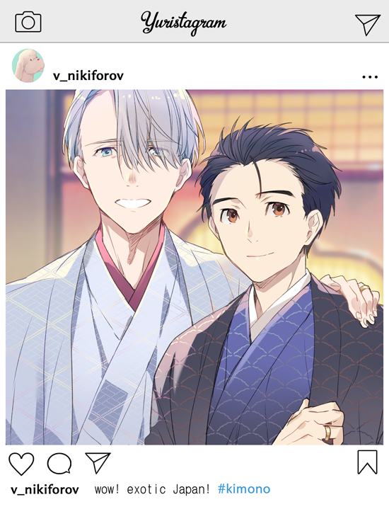 2boys black_hair blue_eyes brown_eyes english_text eyes_visible_through_hair fake_screenshot hair_slicked_back hand_on_another&#039;s_shoulder instagram japanese_clothes katsuki_yuuri kimono kuroemon makkachin male_focus multiple_boys silver_hair smile upper_body viktor_nikiforov yuri!!!_on_ice