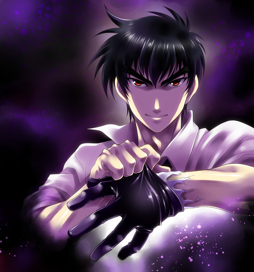 1boy black_gloves black_hair gloves jigoku_sensei_nube looking_at_viewer male_focus nueno_meisuke red_eyes short_hair single_glove smile solo upper_body wauwa