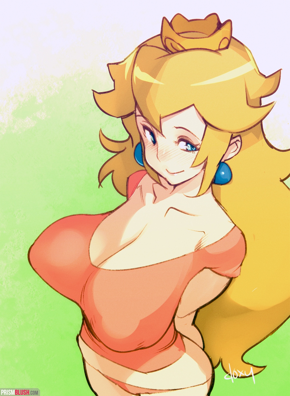 1girl blue_eyes breasts casual cleavage crown doxy earrings female_focus highres huge_breasts jewelry long_hair mario_(series) nintendo panties pink_panties princess_peach sagging_breasts shirt signature smile solo underwear watermark