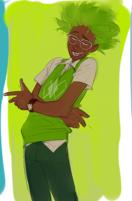 1boy clay_(trolls) dark-skinned_male dark_skin dreamworks glasses green_background green_hair lacryboy looking_at_viewer solo trolls_(series) watch
