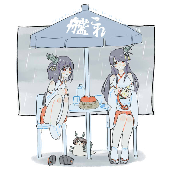 2girls animalization apple black_hair blush border breasts carton detached_sleeves food fruit fruit_basket full_body fusou_(kancolle) hair_ornament holding holding_knife japanese_clothes jibakurei_(elite_unchi) kantai_collection kimono knees_up knife large_breasts long_hair looking_at_another looking_at_food medium_hair multiple_girls mutsu_(kancolle) mutsu_(kantai_collection) mutsu_(snail) okobo outside_border overcast patio_umbrella peeling platform_sandals pleated_skirt rain red_skirt sandals short_kimono sitting skirt sky sleeveless sleeveless_kimono smile snail socks tabi table unworn_sandals white_border white_kimono white_socks yamashiro_(kancolle)