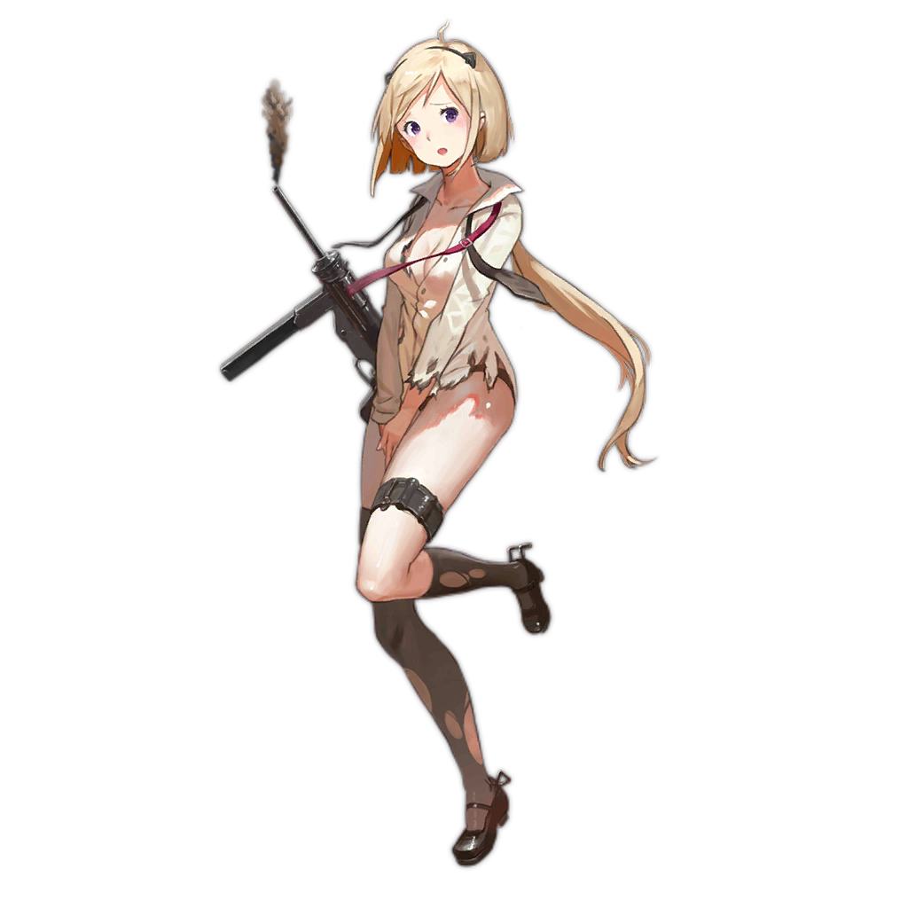 1girl animal_ears asymmetrical_legwear black_necktie black_shoes black_socks black_thighhighs blonde_hair blush bob_cut breasts burnt_clothes cat_ears cleavage collarbone covering_crotch covering_privates fake_animal_ears full_body girls&#039;_frontline gun jeanex looking_at_viewer m3_(girls&#039;_frontline) m3_submachine_gun mary_janes medium_breasts necktie no_pants official_art panties ponytail purple_eyes shirt shoes simple_background smoke smoking_barrel socks solo standing standing_on_one_leg submachine_gun thigh_strap thighhighs torn_clothes torn_shirt transparent_background underwear undone_necktie weapon white_shirt