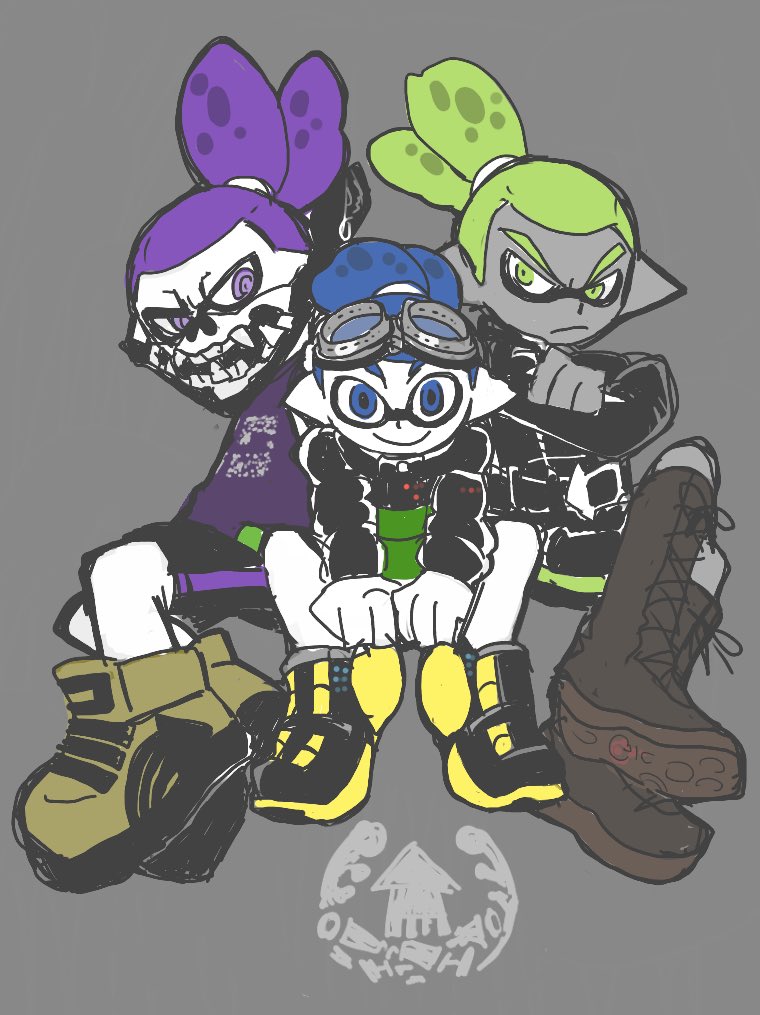 3boys bandana bandana_over_mouth blue_hair covered_mouth dark-skinned_male dark_skin goggle-kun_(splatoon) goggles green_hair grey_background inkling inkling_boy inkling_player_character jacket leather leather_jacket looking_at_viewer male_focus mask multiple_boys nintendo pointy_ears purple_hair rider-kun_(splatoon) shoes simple_background skull-kun_(splatoon) smile sneakers splatoon_(manga) splatoon_(series) topknot