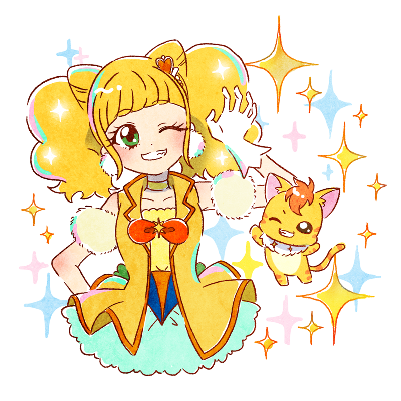 1girl blonde_hair blush bow brooch choker commentary_request cone_hair_bun cure_sparkle earrings gloves hair_bun hair_ornament healin&#039;_good_precure healing_animal heart heart_hair_ornament hiramitsu_hinata hoppetoonaka3 jewelry magical_girl nyatoran_(precure) one_eye_closed open_mouth pom_pom_(clothes) pom_pom_earrings precure smile sparkle white_gloves yellow_choker