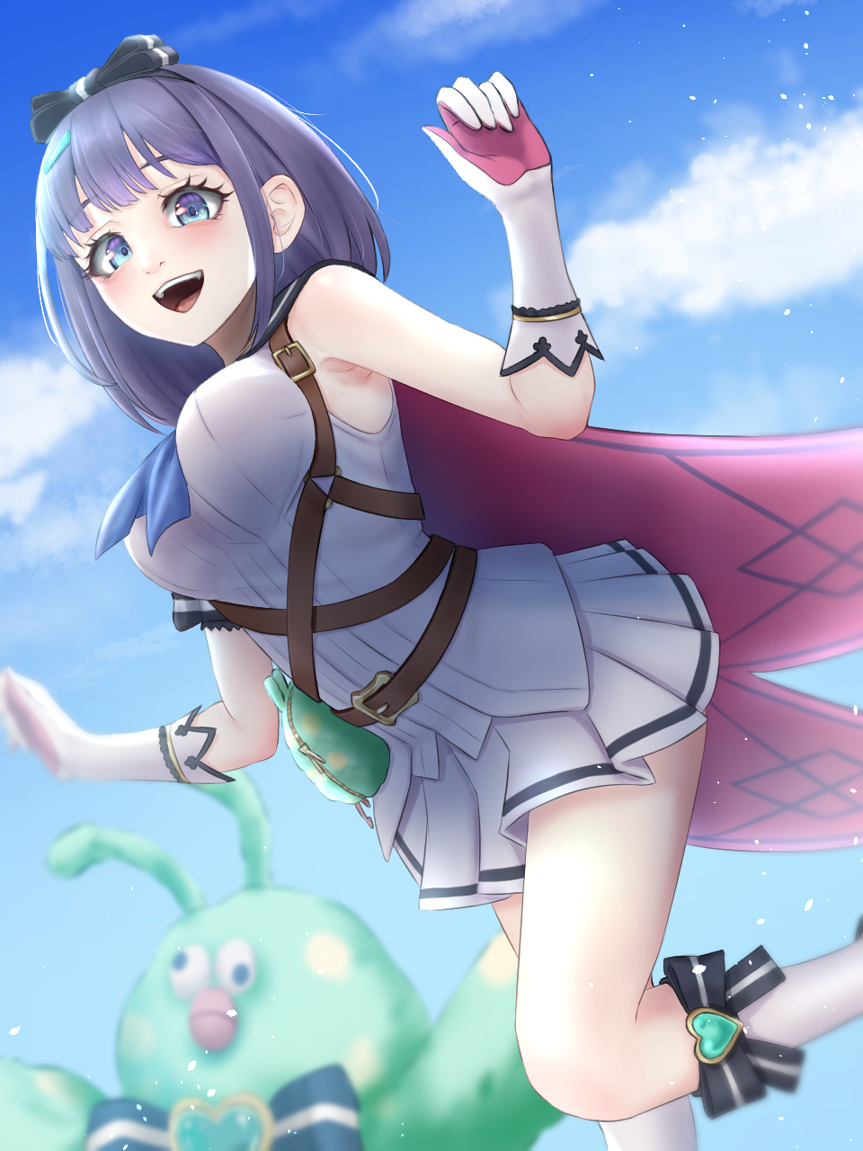 1girl ascot ascot_between_breasts belt black_hairband blue_ascot blue_eyes bow_hairband breasts brown_belt gloves hairband highres large_breasts looking_down medium_hair misora_(princess_connect!) open_mouth outdoors pleated_skirt princess_connect! purple_hair shirt skirt sleeveless sleeveless_shirt smile solo stuffed_animal stuffed_toy teeth upper_teeth_only wangxiang_qingnian white_gloves white_skirt