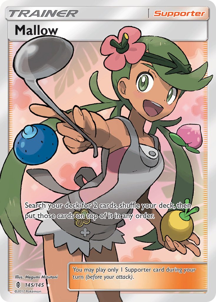 1girl :d artist_name berry_(pokemon) character_name copyright_name copyright_notice dark-skinned_female dark_skin english_text eyelashes flower green_eyes green_hair grepa_berry grey_overalls hair_flower hair_ornament holding holding_ladle ladle long_hair mallow_(pokemon) mizutani_megumi nintendo official_art open_mouth oran_berry overalls pecha_berry pink_flower pokemon pokemon_card pokemon_sm pokemon_tcg smile solo teeth third-party_source trading_card twintails upper_teeth_only