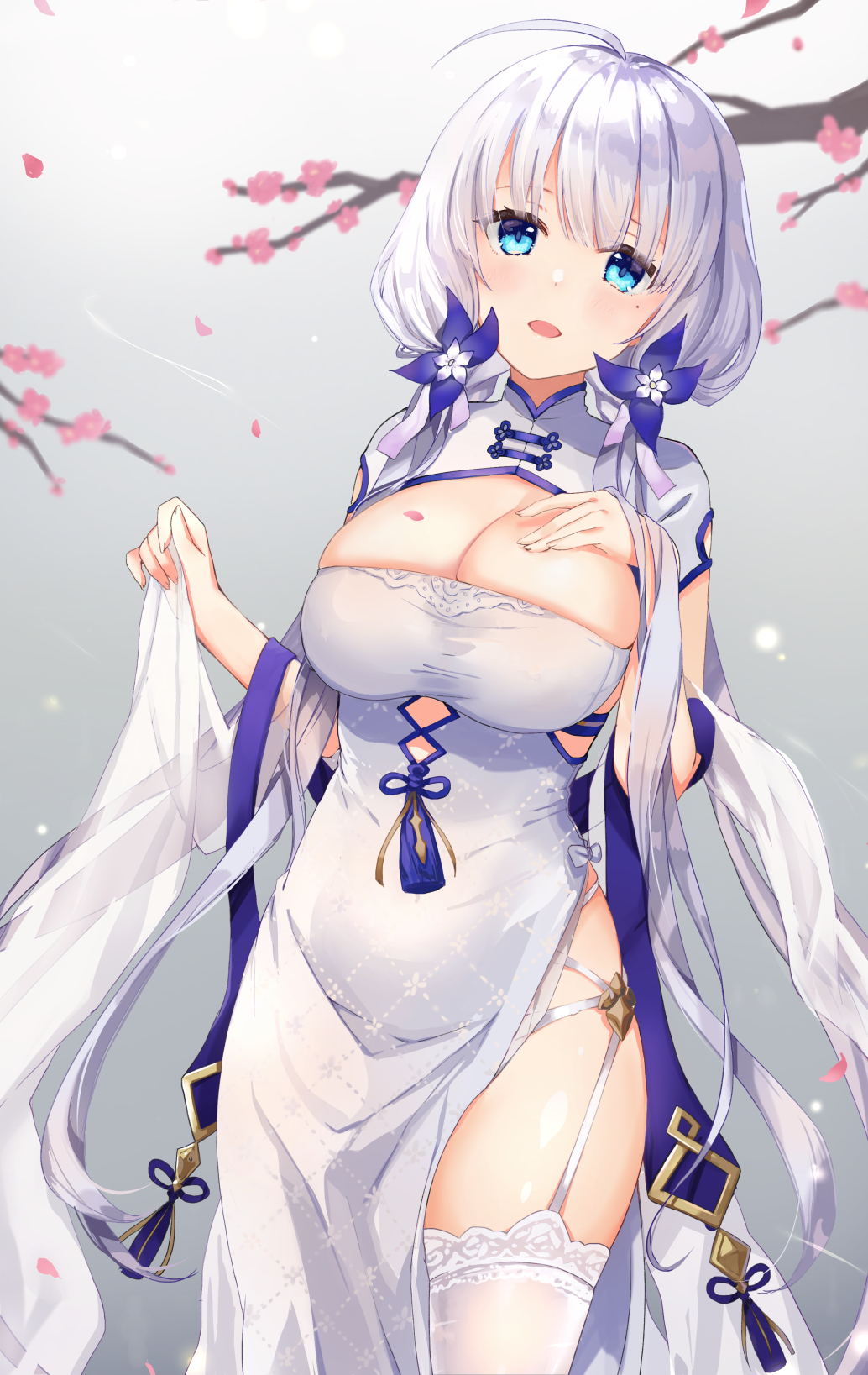 1girl :d ahoge azur_lane bare_hips blue_eyes blush branch breasts china_dress chinese_clothes cleavage commentary_request dress female_focus flower garter_straps gradient_background grey_background hair_flower hair_ornament hand_on_own_chest highres holding illustrious_(azur_lane) illustrious_(maiden_lily&#039;s_radiance)_(azur_lane) kon_(k0n16) large_breasts long_hair looking_at_viewer low_twintails mole mole_under_eye open_mouth pelvic_curtain petals short_sleeves silver_hair smile solo tassel thighhighs twintails white_dress white_flower white_thighhighs