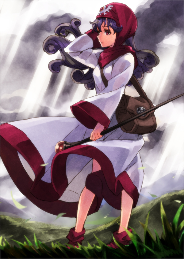 1980s_(style) 1girl bad_id bad_pixiv_id bag bare_legs chunsoft dragon_quest dragon_quest_ii enix female_focus hood long_hair long_sleeves matsuryuu oldschool princess_of_moonbrook purple_hair red_eyes satchel solo staff