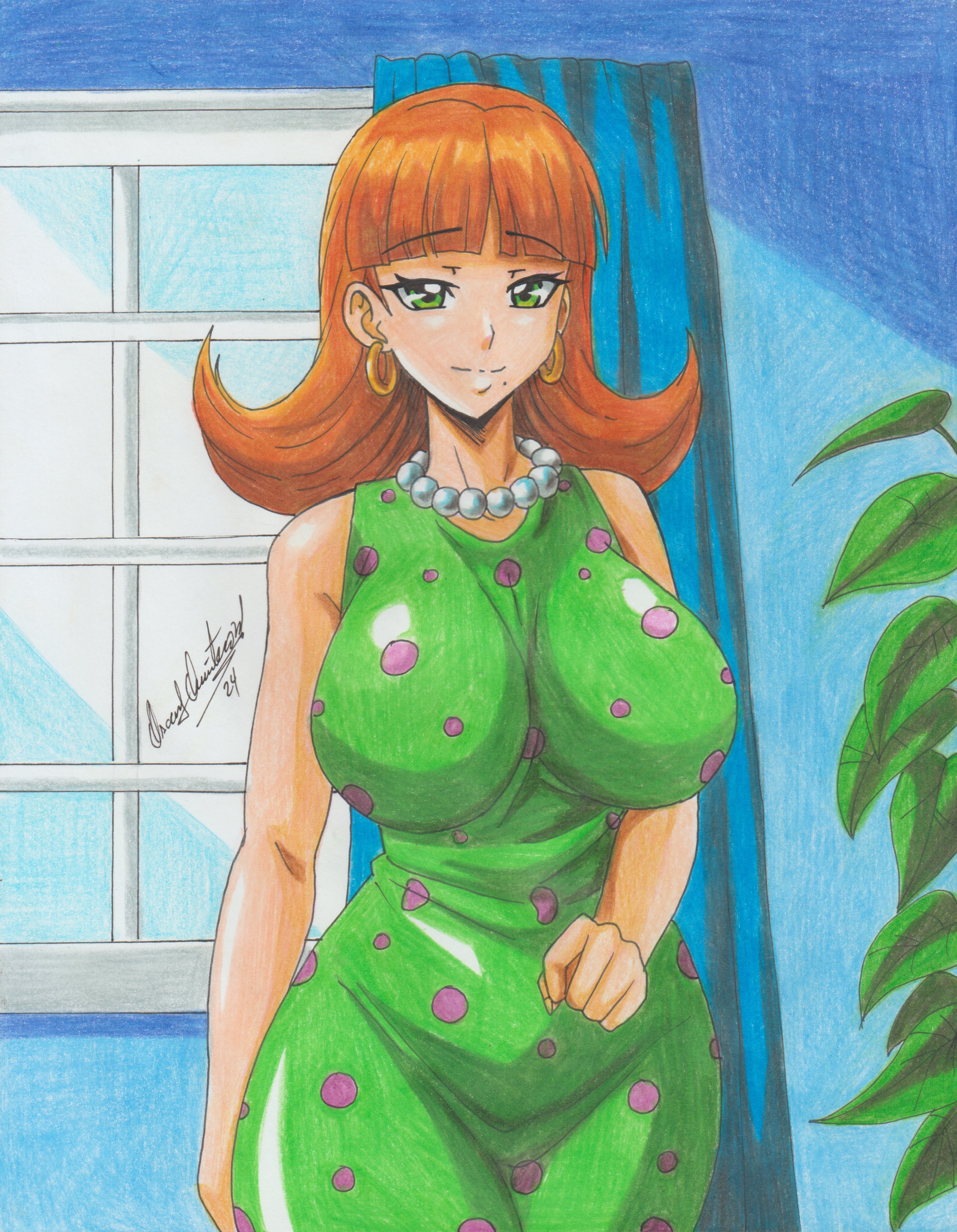 1girl 2024 absurdres bare_shoulders breasts brown_hair curtains dress earrings female_focus green_dress green_eyes highres huge_breasts indoors jewelry jimmy_neutron_(series) judy_neutron mature_female mole necklace nickelodeon ravernclouk_design smile solo
