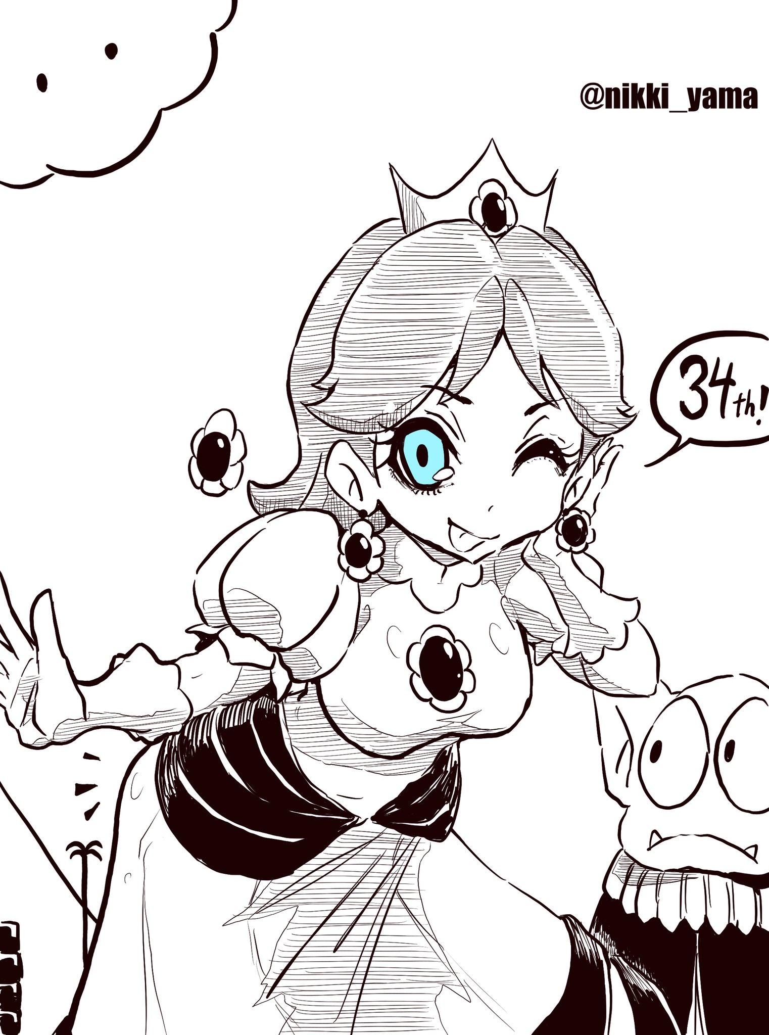 1girl alien anniversary biokinton blue_eyes breasts cloud crown dress elf gloves grin highres looking_at_another looking_at_viewer mario_(series) medium_breasts nintendo palm_tree pointy_ears princess_daisy puffy_short_sleeves puffy_sleeves short_sleeves smile speech_bubble super_mario_land tatanga tongue tongue_out tree