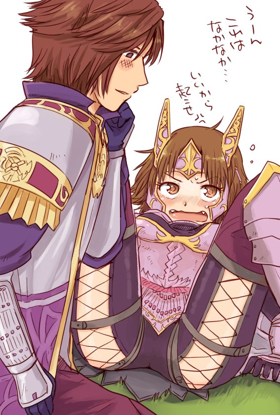 armor blush brown_eyes brown_hair cross-laced_clothes cross-laced_legwear japanese_clothes japanese_text legs legs_apart open_mouth sengoku_musou tachibana_ginchiyo tachibana_muneshige thighs