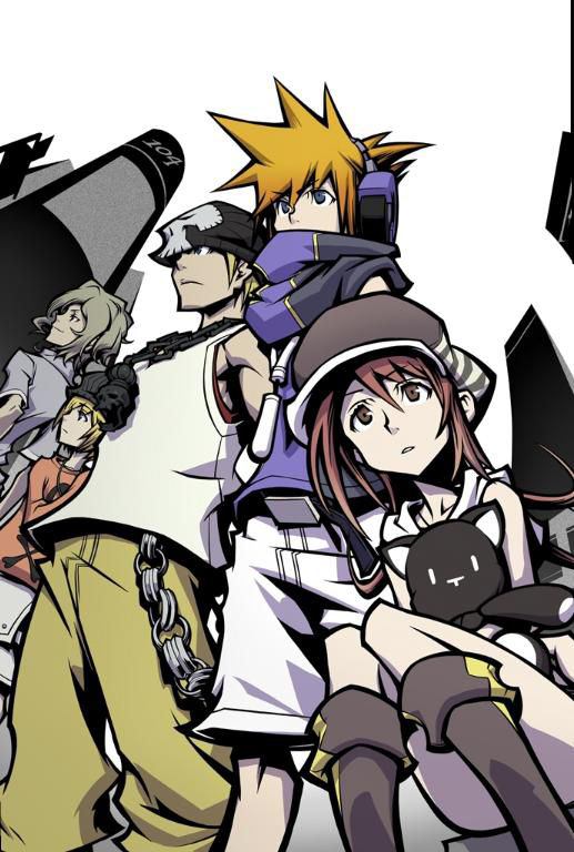 2girls 3boys beanie belt bito_daisukenojo bito_raimu blonde_hair blue_eyes boots brown_eyes building cabbie_hat cargo_pants city collared_shirt grey_hair grey_shirt hat high_collar holding holding_stuffed_toy jewelry kiryu_yoshiya knee_boots kobayashi_gen long_sleeves loose_belt misaki_shiki mp3_player multiple_boys multiple_girls necklace nomura_tetsuya nyantan official_art orange_hair orange_shirt pants red_hair sakuraba_neku shibuya_(tokyo) shirt short_hair skull_necklace skull_print skyscraper sleeveless sleeveless_shirt spiked_hair stuffed_animal stuffed_cat stuffed_toy subarashiki_kono_sekai tokyo_(city) white_shirt