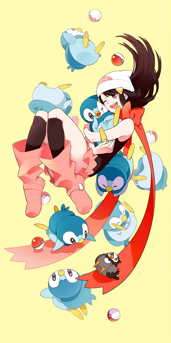 1girl bare_shoulders beanie black_hair boots bow dawn_(pokemon) gen_4_pokemon gum_(gmng) gumidemo_kandero hair_ornament hairclip hat highres nintendo one_eye_closed pink_boots piplup pokemon pokemon_(creature) red_scarf scarf socks starly wink