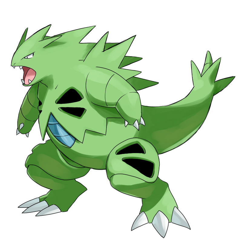 claws gen_2_pokemon good_frog nintendo no_humans open_mouth pokemon pokemon_(creature) simple_background solo standing tail tyranitar white_background