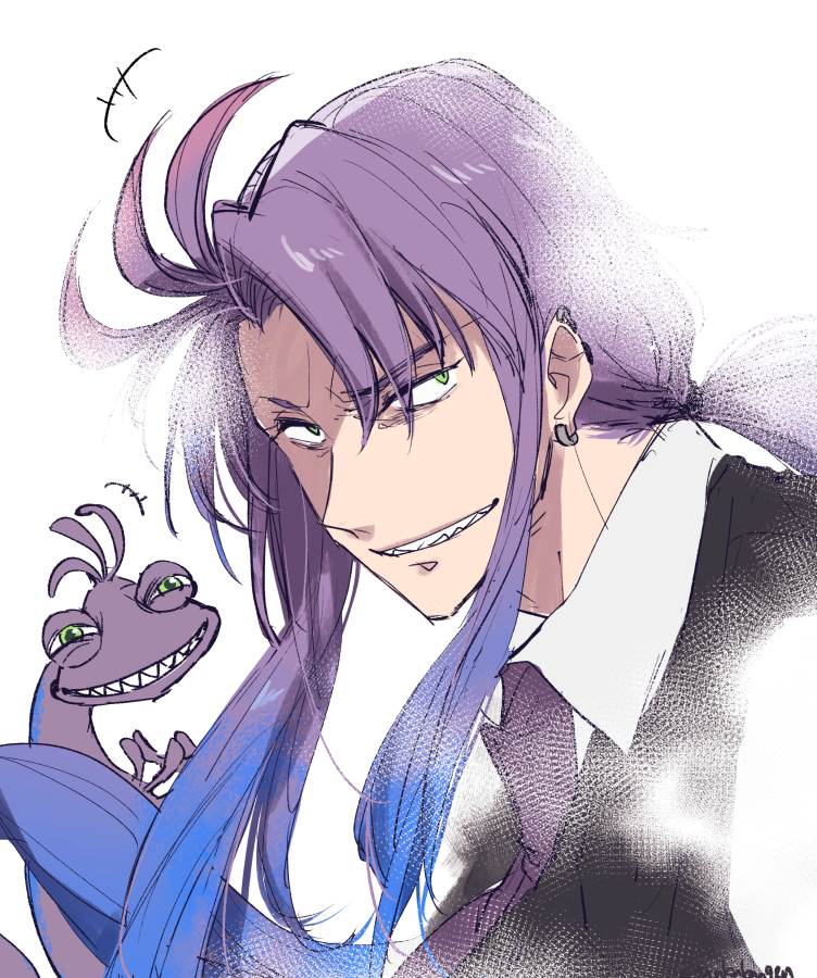 +++ 1boy black_jacket blue_hair collared_shirt colored_tips cowlick ear_piercing earrings green_eyes grin jacket jewelry long_hair looking_at_viewer low_ponytail male_focus masaki_(star8moon) monster monsters_inc. multicolored_hair necktie personification piercing ponytail purple_hair purple_necktie randall_boggs sanpaku shaded_face sharp_teeth shirt simple_background smile solo teeth upper_body white_background white_shirt