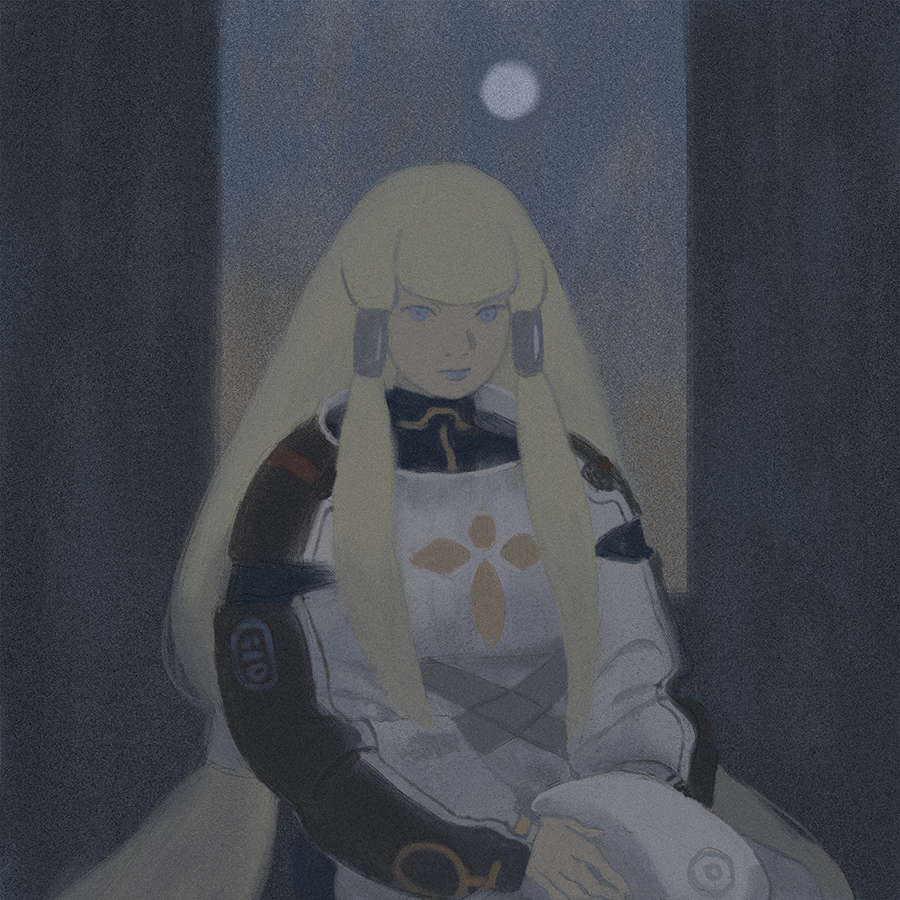 1girl amber389 blonde_hair blue_eyes blue_lips dianna_soreil expressionless full_moon gundam hair_tubes hat holding holding_unworn_clothes holding_unworn_hat long_hair looking_at_viewer military_uniform moon solo turn_a_gundam unworn_hat unworn_headwear upper_body