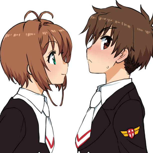 1boy 1girl antenna_hair averting_eyes blush brown_eyes brown_hair cardcaptor_sakura commentary_request embarrassed face-to-face green_eyes kinomoto_sakura li_syaoran looking_at_another profile school_uniform short_hair simple_background smile tomoeda_middle_school_uniform upper_body wakaho_riku white_background