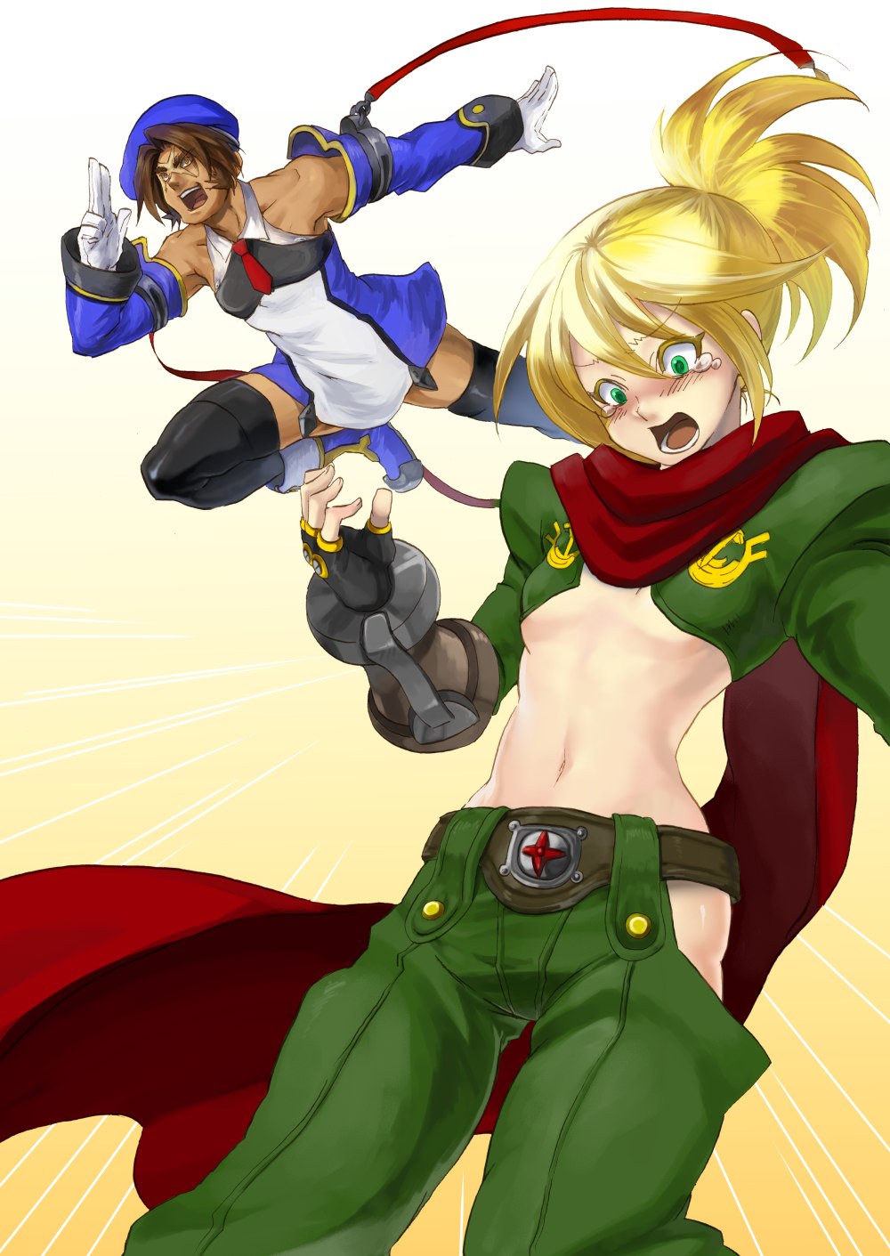 1boy 1girl arc_system_works beret black_thighhighs blazblue blonde_hair boots brown_eyes brown_hair cosplay costume_switch crossdressing embarrassed fingerless_gloves flat_chest gloves green_eyes hat highres looking_down midriff necktie noel_vermillion noel_vermillion_(cosplay) open_mouth pants red_ribbon ribbon scar scarf shishigami_bang short_hair thighhighs white_gloves yuriyuri_(ccc)