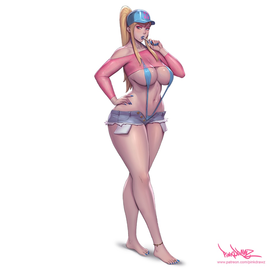 1girl barefoot baseball_cap bikini blonde_hair blue_bikini blue_eyes blue_lips blue_nails breasts candy collarbone denim denim_shorts eyeshadow food hat large_breasts lips lollipop long_hair looking_at_viewer makeup metroid midriff nail_polish navel nintendo pink_eyeshadow pink_shrug pinkdrawz ponytail samus_aran short_shorts shorts sidelocks slingshot_swimsuit solo swimsuit toenail_polish toenails