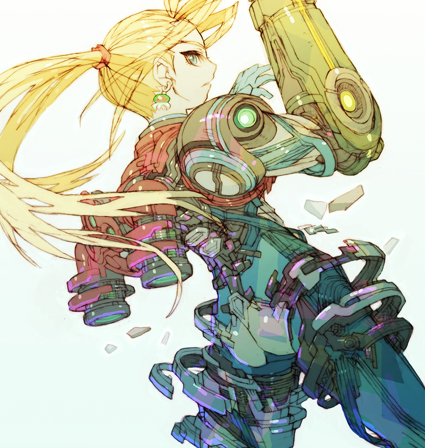1girl arm_cannon blonde_hair blue_bodysuit blue_eyes bodysuit digital_dissolve dutch_angle earrings exposed_muscle floating_hair jet_engine jewelry long_hair looking_at_viewer materializing mechabare metroid metroid_(creature) metroid_dread metroid_larva nakayama_tooru nintendo parted_lips ponytail power_suit_(metroid) samus_aran sideways_glance skin_tight solo spinal_cord weapon white_background zero_suit