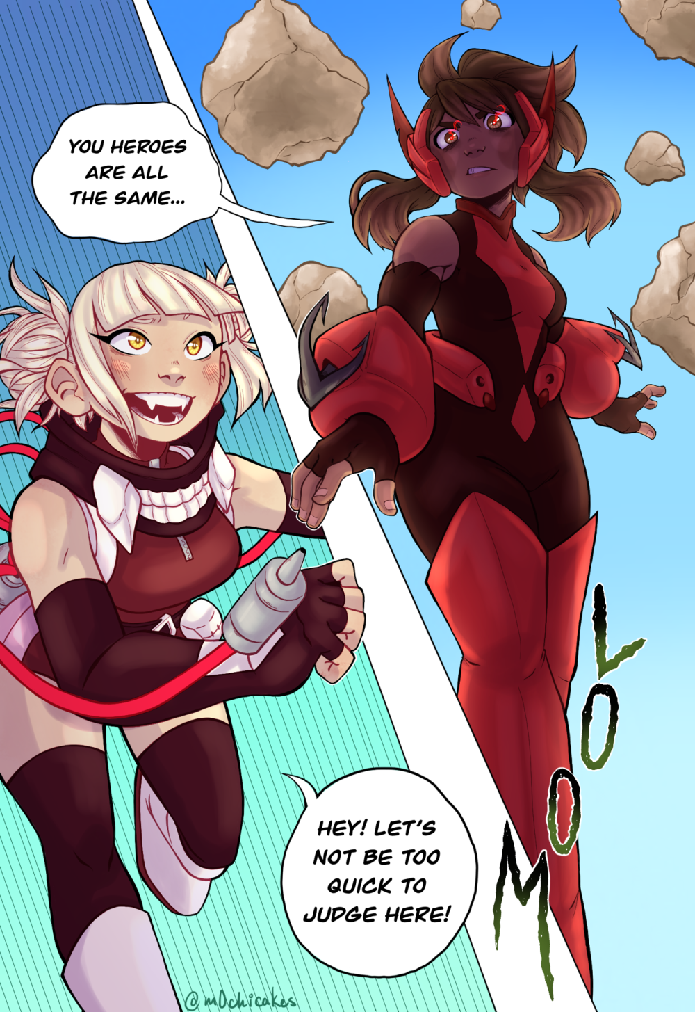 blonde_hair bodysuit boku_no_hero_academia brown_hair fangs highres m0chicakes orange_eyes role_reversal toga_himiko uraraka_ochako yellow_eyes