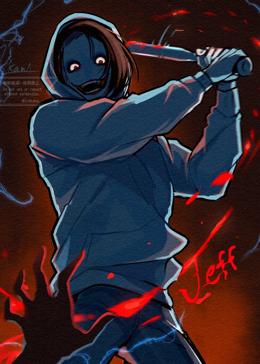 1boy baseball_bat blood blood_splatter blood_writing brown_hair crazy_grin creepypasta english_text full_body glasgow_smile highres holding holding_baseball_bat hood hood_up hoodie icekana imminent_attack incoming_attack jeff_the_killer looking_at_viewer male_focus medium_hair outstretched_hand red_eyes solo spread_fingers teeth viewer_self-insert white_hoodie
