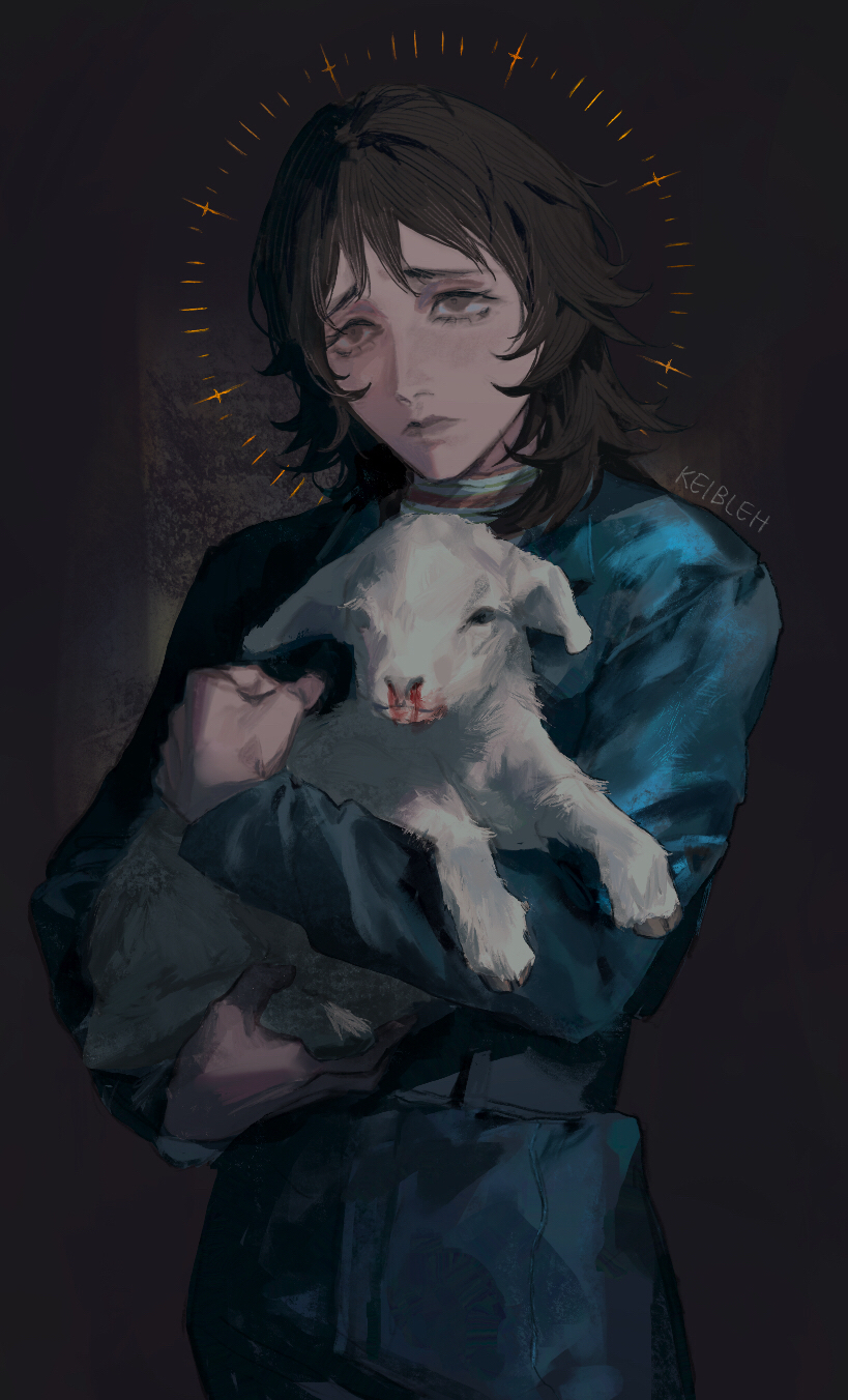 1girl animal animal_hug anya_(mouthwashing) artist_name black_background black_eyes black_hair blood blue_jumpsuit cowboy_shot goat highres jumpsuit keibleh lips medium_hair messy_hair mouthwashing shirt solo striped_clothes striped_shirt