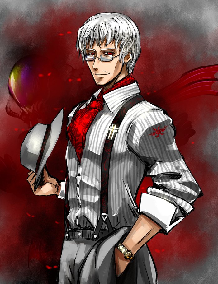 1boy alternate_costume alternate_hairstyle antonio_salieri_(fate) ascot facial_hair fate/grand_order fate_(series) glasses grey_background hat looking_at_viewer male_focus pfalz red_ascot red_eyes silver_hair simple_background smile solo stubble suspenders watch