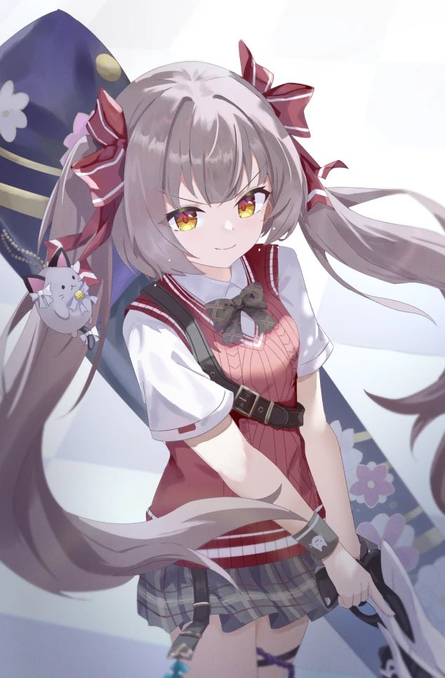 artist_request blunt_bangs heaven_burns_red long_hair ogasawara_hisame plaid_clothes plaid_skirt ribbon second-party_source shirt skirt twintails vest weapon_bag white_hair white_shirt yellow_eyes