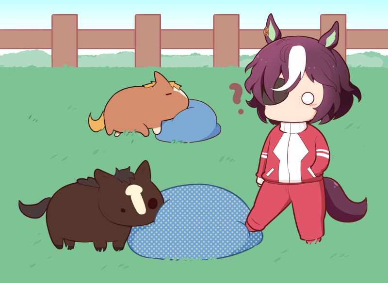 1girl ? admire_japan_(racehorse) animal_ears brown_hair commentary creature_and_personification ear_ornament eyepatch fence gomashio_(goma_feet) grass hair_over_one_eye hand_in_pocket head_on_pillow horse horse_ears horse_girl horse_tail kicking long_sleeves minimized multicolored_hair o_o one_eye_covered outdoors personification pillow real_life red_track_suit short_hair streaked_hair tail tanino_gimlet_(racehorse) tanino_gimlet_(umamusume) track_suit two-tone_hair umamusume white_hair wooden_fence yogibo