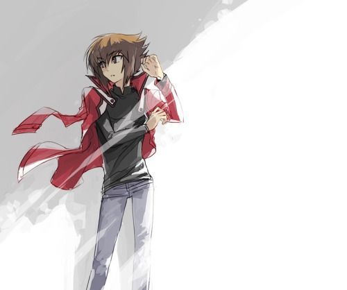 1boy black_shirt brown_eyes brown_hair dappled_sunlight denim duel_academy_uniform_(yu-gi-oh!_gx) facing_viewer hand_on_own_arm hand_on_own_face in_shadow jacket jeans looking_to_the_side lowres male_focus moribuden open_clothes open_jacket pants popped_collar red_jacket shirt sunlight white_background wind yu-gi-oh! yu-gi-oh!_gx yuki_judai