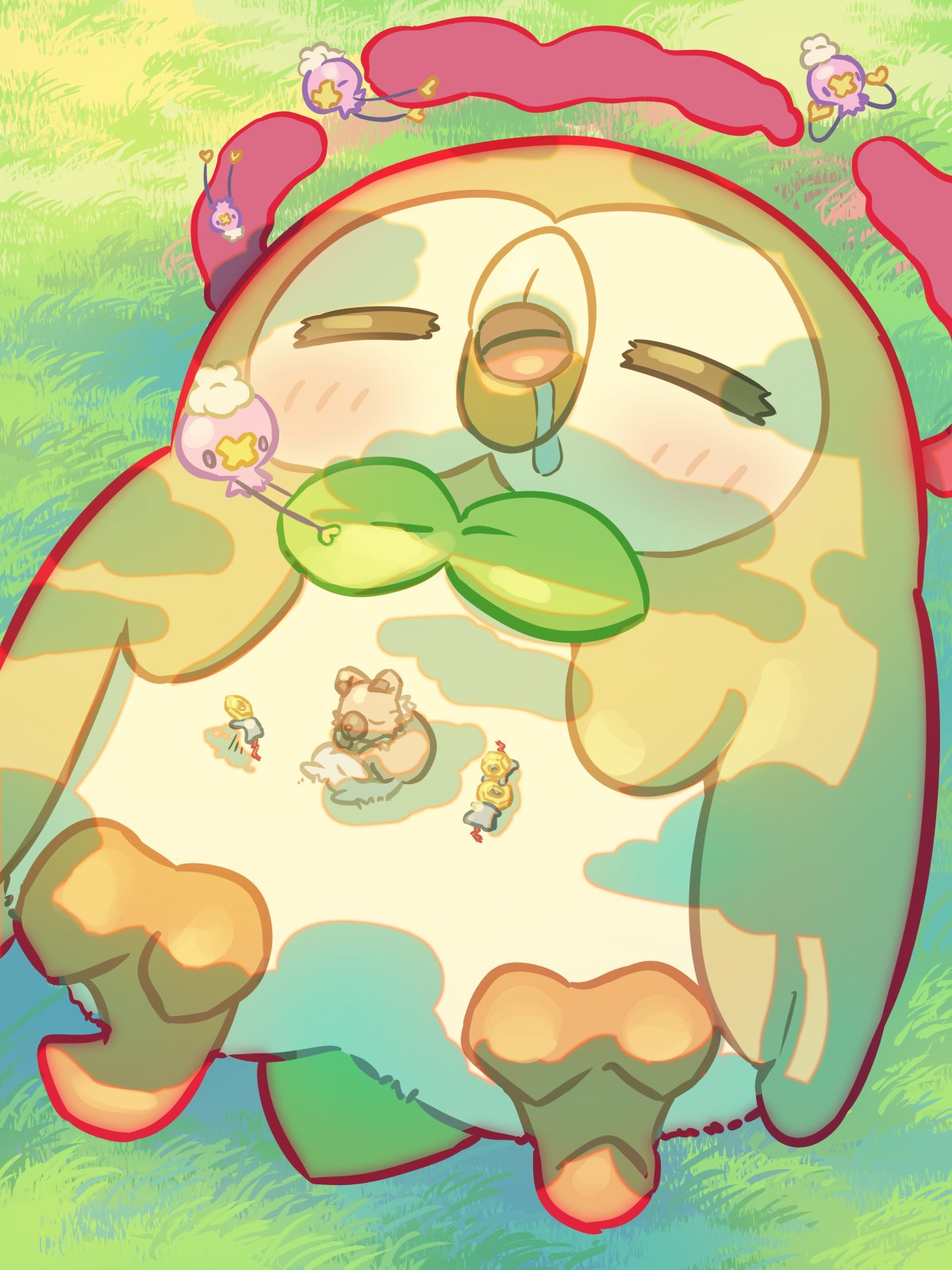 blush closed_eyes commentary_request day drifloon drooling dynamax gen_4_pokemon gen_7_pokemon highres lying meltan mokukitusui mythical_pokemon nintendo no_humans on_back open_mouth outdoors pokemon pokemon_(creature) rockruff rowlet saliva tongue