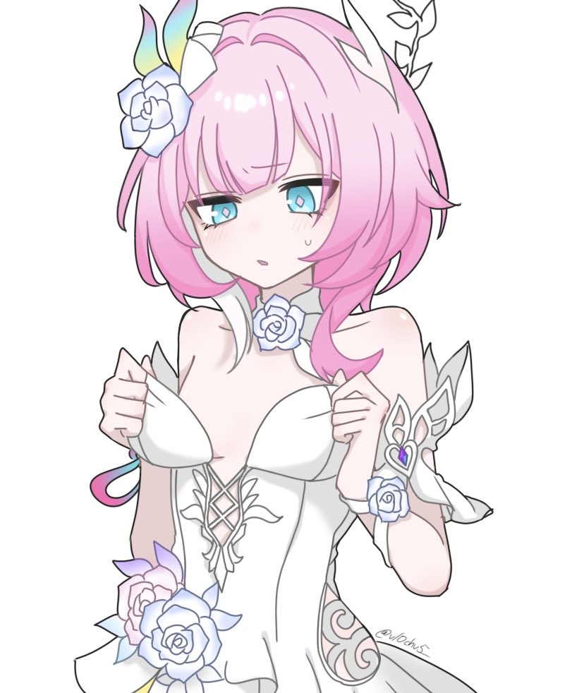 1girl bare_shoulders blue_eyes breasts cyrene_(aedes_elysiae)_(honkai:_star_rail) cyrene_(honkai:_star_rail) cyrene_(ripples_of_past_reverie)_(honkai:_star_rail) dress flower hair_flower hair_ornament hashtag-only_commentary honkai:_star_rail honkai_(series) multicolored_hair parted_lips pink_hair self_cosplay short_hair simple_background small_breasts solo twitter_username two-tone_hair v10chv5 white_background white_dress white_hair