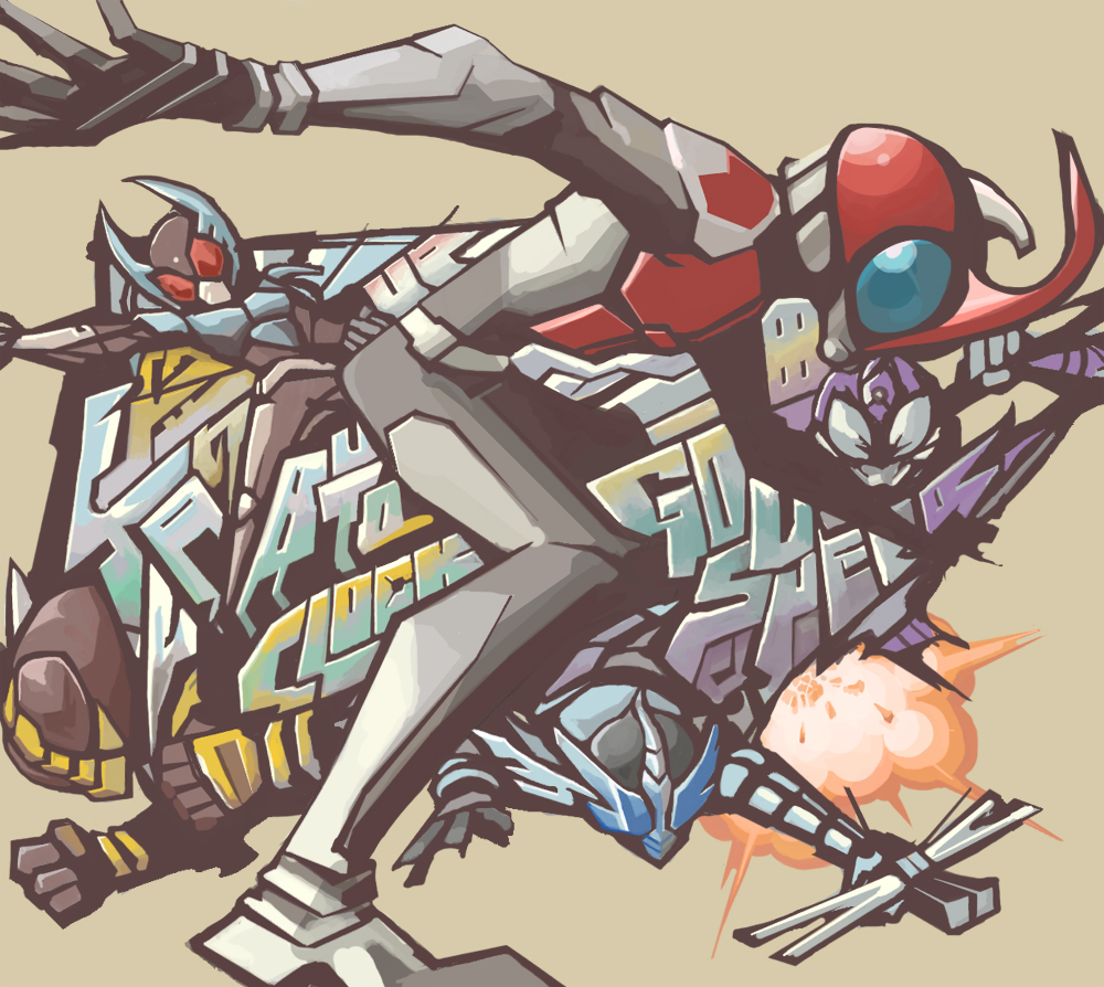 5boys bent_over explosion helmet kamen_rider kamen_rider_drake kamen_rider_gatack kamen_rider_kabuto kamen_rider_kabuto_(series) kamen_rider_sasword kamen_rider_thebee karee male_focus mask multiple_boys outstretched_arm