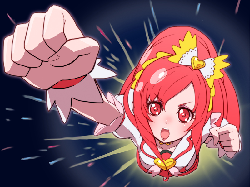 1girl bad_id bad_pixiv_id bow brooch clenched_hands cure_ace dokidoki!_precure female_focus foreshortening from_above hair_bow heart heart_brooch jewelry long_hair madoka_aguri magical_girl name_connection open_mouth parody precure pun raised_fist red_eyes red_hair solo tonami_kanji ultra_series ultraman_ace ultraman_ace_(series) wrist_cuffs