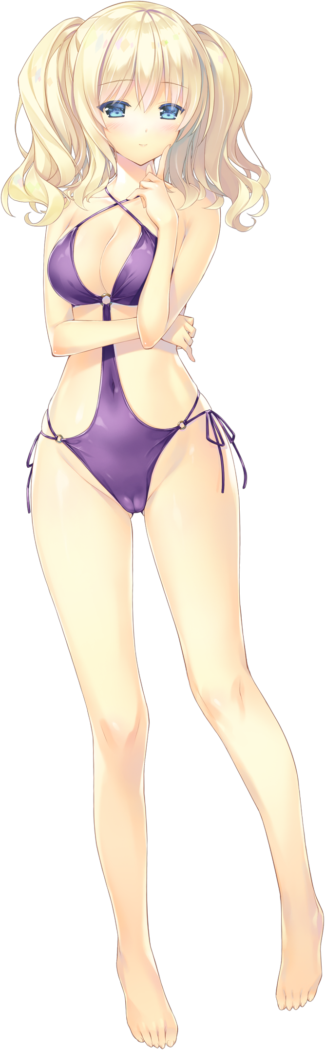ashishun barefoot bikini blonde_hair blue_eyes blush breasts cameltoe covered_navel closed_eyes feet finger_to_cheek full_body gluteal_fold halterneck highres long_hair looking_at_viewer medium_breasts o-ring o-ring_bikini official_art ouchi_ni_kaeru_made_ga_mashimaro_desu pinky_out purple_bikini raiha_raikkonen side-tie_bikini_bottom smile solo swimsuit toes transparent_background twintails