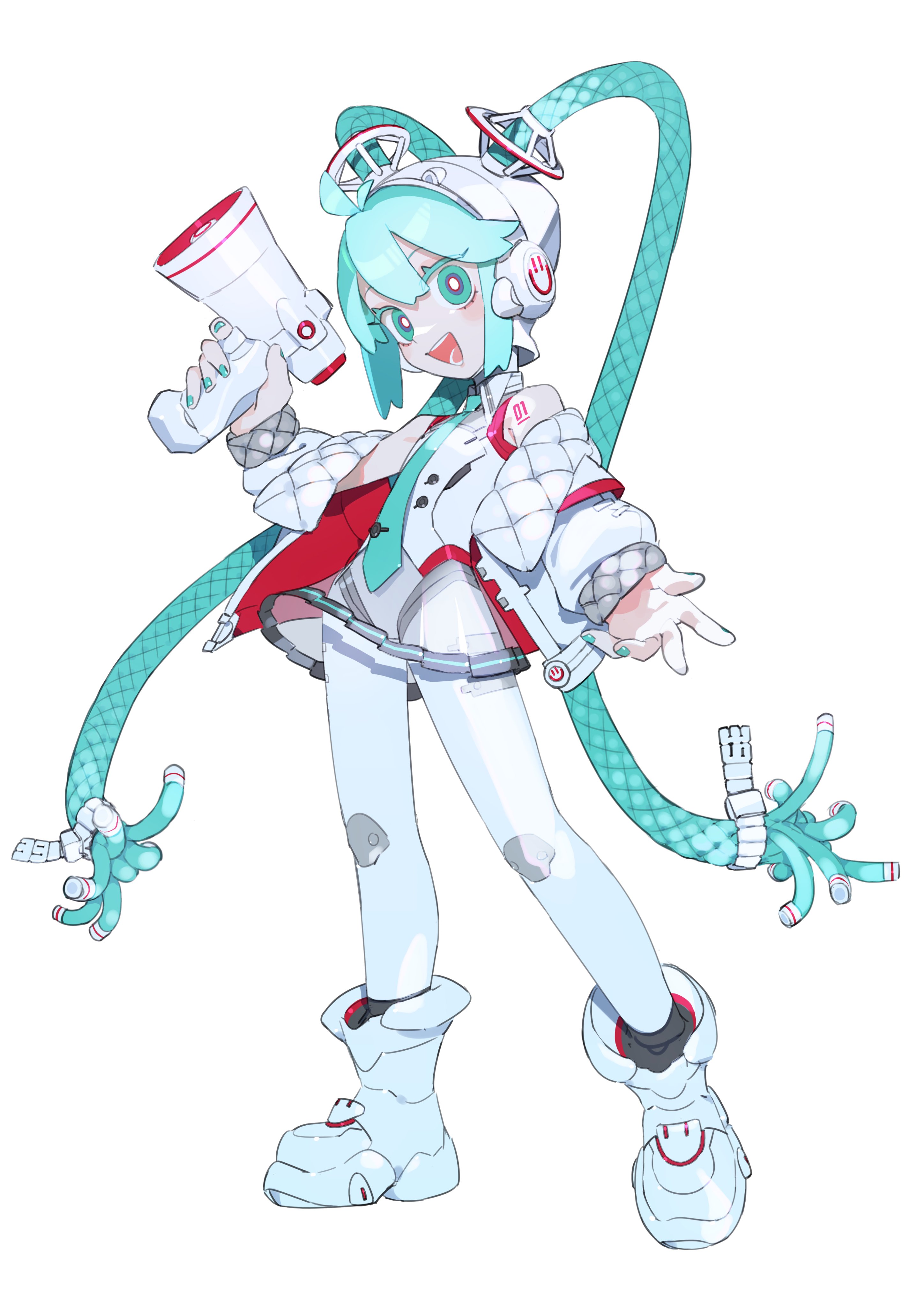 1girl absurdres bare_shoulders bright_pupils cable_hair cheri_zao full_body goodsmile_company green_eyes green_hair hatsune_miku highres holding holding_megaphone jacket long_hair megaphone off_shoulder pantyhose proto_miku_(cheri_zao) see-through_clothes see-through_skirt shoulder_tattoo simple_background skirt solo tattoo very_long_hair vocaloid white_background white_jacket white_pantyhose white_pupils