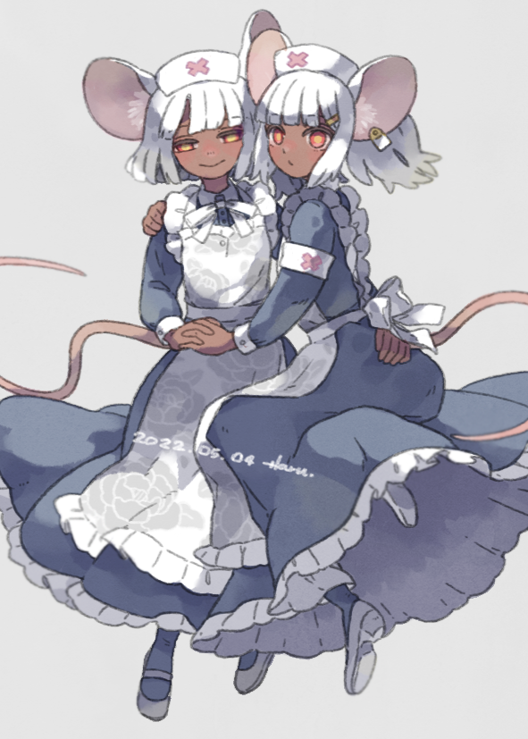 2girls animal_ears apron armband daikokuten_(fate) daikokuten_(third_ascension)_(fate) dark-skinned_female dark_skin dated dress fate/grand_order fate_(series) hat long_dress moonriver0123 mouse_ears mouse_tail multiple_girls nurse_cap red_eyes tail white_hair