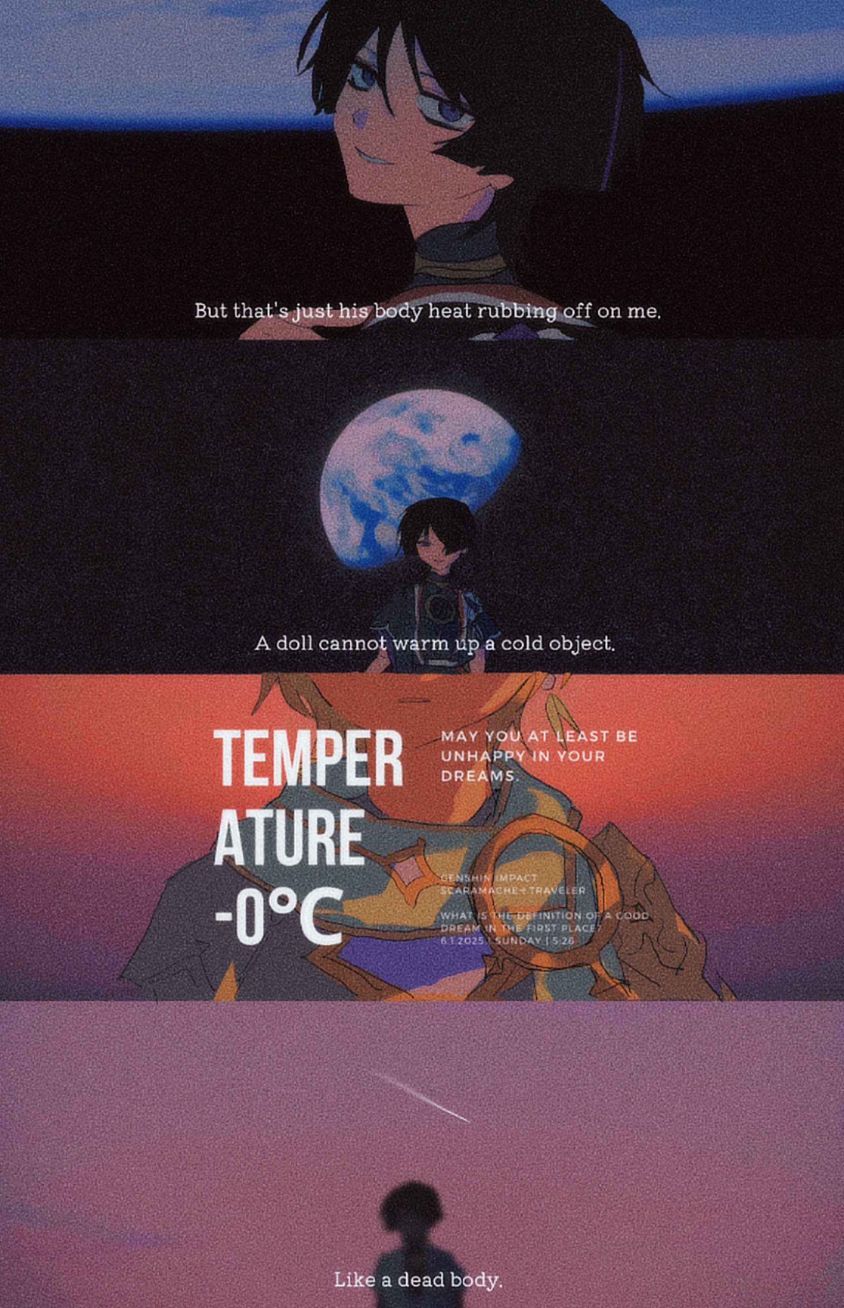 2boys absurdres aether_(genshin_impact) armor arms_at_sides black_bodysuit black_hair black_kimono black_sleeves blonde_hair blunt_ends bodysuit dusk earrings earth_(planet) english_text eyeliner eyeshadow feather_earrings feathers film_grain furisode gem genshin_impact gold gold_trim hair_over_one_eye heavy_film_grain highres japanese_clothes jewelry juban kimono layered_sleeves looking_at_viewer makeup mandarin_collar multicolored_hair multiple_boys neck_ring onlybyveins open_clothes open_kimono parody_request parted_lips pauldrons planet purple_eyes purple_gemstone purple_hair purple_rope purple_sleeves red_eyeliner red_eyeshadow red_kimono rope scaramouche_(genshin_impact) scarf shimenawa shooting_star short_sleeves shoulder_armor silhouette single_pauldron smile space streaked_hair subtitled tsurime white_kimono white_mouth white_rope white_scarf