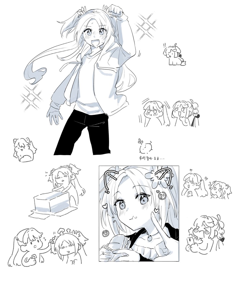 &gt;_&lt; &gt;_o 3girls :3 :d :t =_= ^_^ ahoge animal_ears animalization basil_(wgh0anzdple3asf) blush box cardboard_box cat cat_ears cheek_poking clenched_hand closed_eyes collarbone commentary_request cropped_legs dog drawn_ears eating fang flower food hair_flower hair_ornament hair_ribbon heart highres holding holding_food holding_mushroom holding_sandwich hood hood_down hooded_jacket jacket korean_commentary korean_text link!_like!_love_live! long_hair long_sleeves love_live! multi-tied_hair multiple_girls multiple_views mushroom mushroom_on_head nose_blush one_eye_closed open_clothes open_jacket open_mouth osawa_rurino osawa_rurino&#039;s_cardboard_box osawa_rurino_(summer_casual) pants parted_bangs poking ponytail pout ribbon sandwich shirt smile standing t-shirt training translation_request twintails two_side_up virtual_youtuber