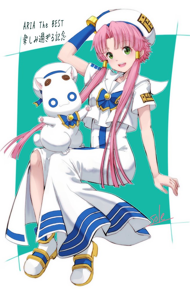 1girl :d aria_(manga) aria_company_uniform aria_pokoteng arm_up artist_name beret blue_bow blue_bowtie blue_gloves boots bow bowtie cat dress eyelashes fingerless_gloves gloves gold_trim green_eyes hair_tubes hat impossible_clothes impossible_dress invisible_chair long_dress looking_at_viewer mizunashi_akari open_mouth parted_bangs pink_hair sailor_collar short_hair_with_long_locks short_sleeves side_slit signature single_glove sitting smile telaform white_cat white_dress white_hat