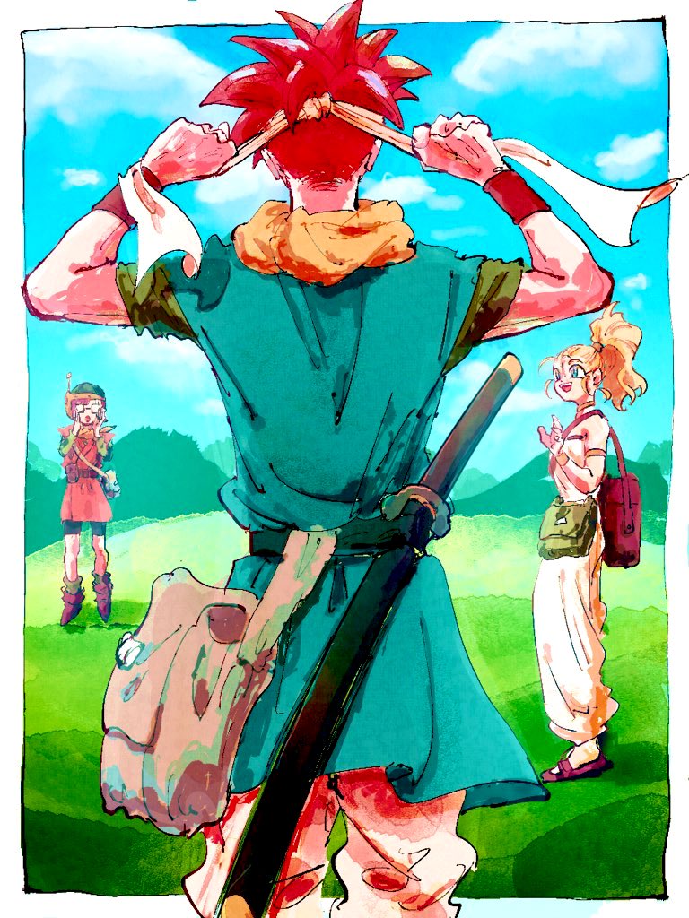 1boy 2girls adjusting_clothes adjusting_headwear amakekke aqua_tunic armlet bag baggy_pants bare_shoulders black_shorts blonde_hair boots border brown_boots chrono_trigger crono_(chrono_trigger) full_body glasses headband headset helmet jewelry long_hair lucca_ashtear marle_(chrono_trigger) multiple_girls neckerchief open_mouth orange_tunic outdoors panties pants ponytail purple_hair red_hair sandals short_hair shorts shoulder_bag shouting smile spiked_hair tunic underwear upper_body weapon weapon_on_back white_border white_headband white_panties white_pants yellow_neckerchief