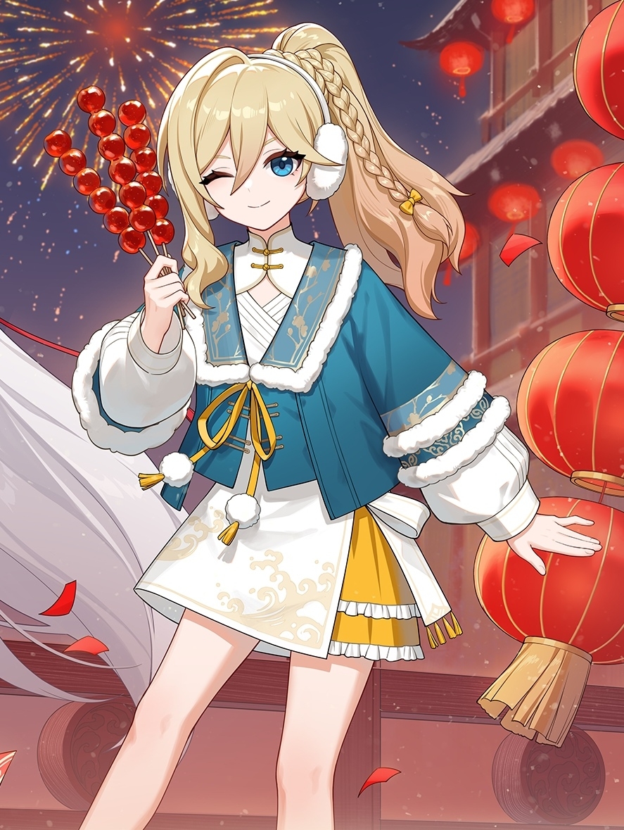 1girl ;) aerial_fireworks blonde_hair blue_eyes blue_jacket braid closed_mouth dress durandal_(honkai_impact) durandal_(reign_solaris)_(honkai_impact) fireworks food frills fur-trimmed_sleeves fur_trim hair_between_eyes holding holding_food honkai_(series) honkai_impact_3rd izumi_(lofter_41635481026) jacket lantern long_sleeves looking_at_viewer one_eye_closed paper_lantern ponytail puffy_long_sleeves puffy_sleeves ribbon sky smile solo white_dress yellow_ribbon