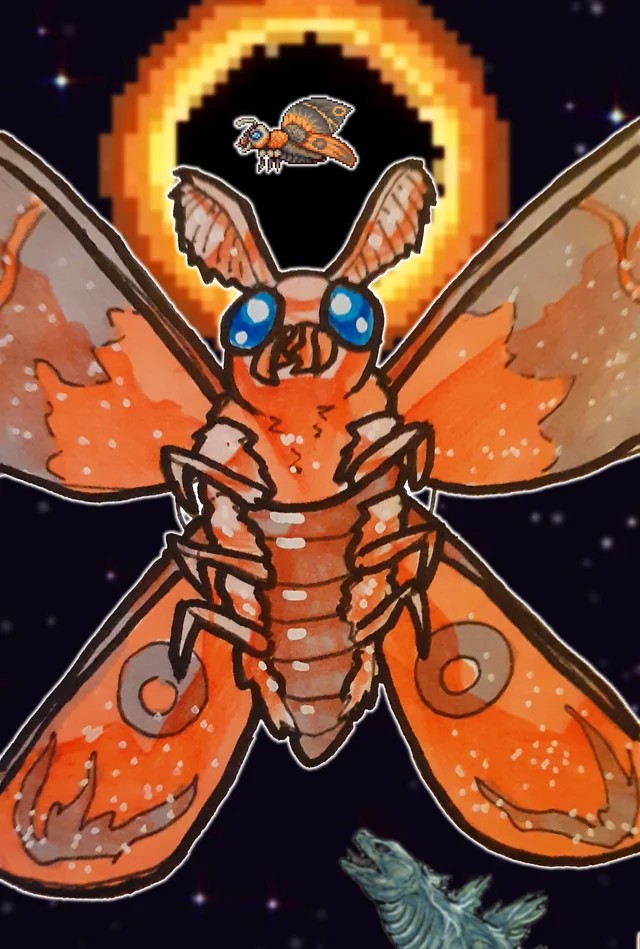 animal_ears antenna_hair blue_eyes bug crossover eclipse godzilla godzilla_(series) insect kaiju moth mothron_(terraria) stars terraria toho wings