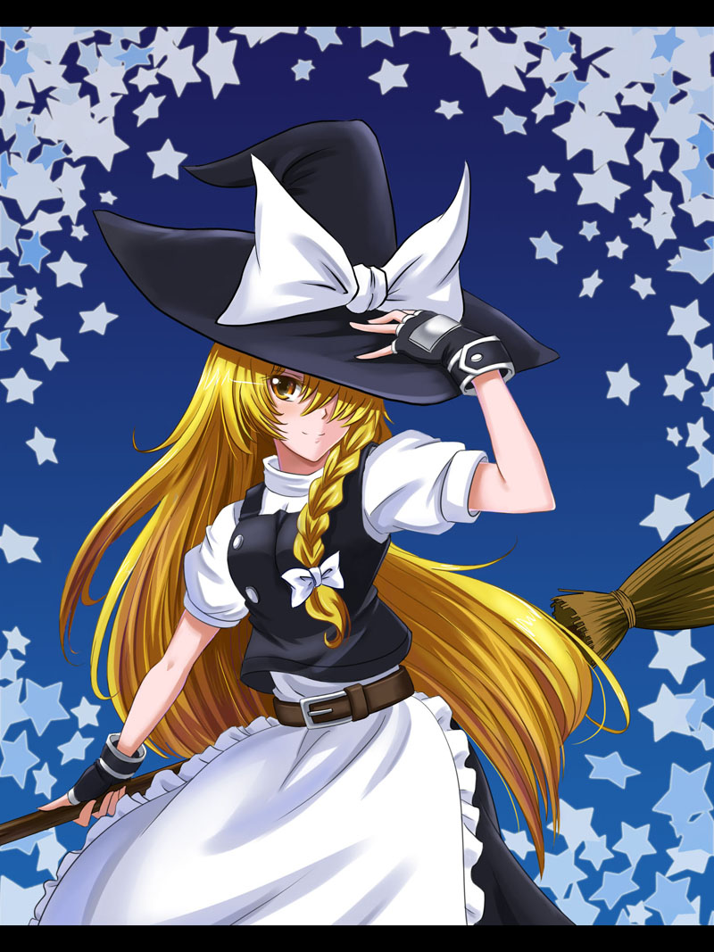 1girl adjusting_clothes adjusting_headwear alternate_costume apron blonde_hair bow braid broom dress female_focus fingerless_gloves gloves gradient_background hat kirisame_marisa ribbon solo star_(symbol) touhou windtalker witch witch_hat