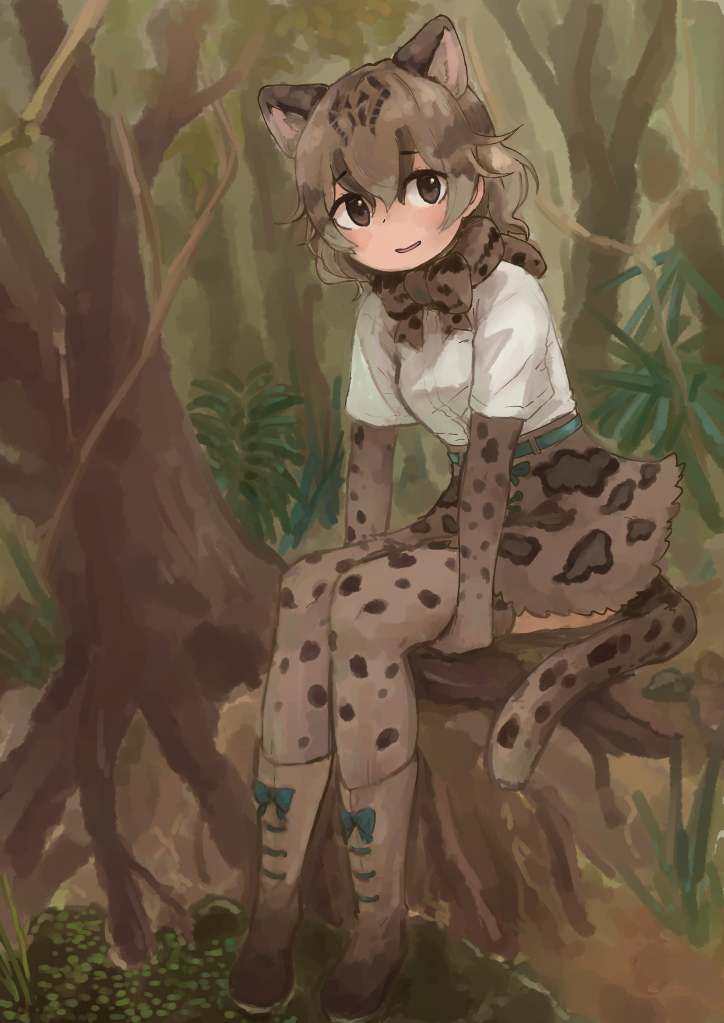 1girl animal_ears animal_print belt boots bow bowtie branch brown_eyes brown_hair cat_ears cat_tail commentary_request elbow_gloves foliage footwear_bow full_body gloves high-waist_skirt kemono_friends lace-up_boots marbled_cat_(kemono_friends) multicolored_hair plant_roots rumenia_(ao2is) shoes short_hair short_sleeves sitting sitting_on_hand skirt solo tail thighhighs tree